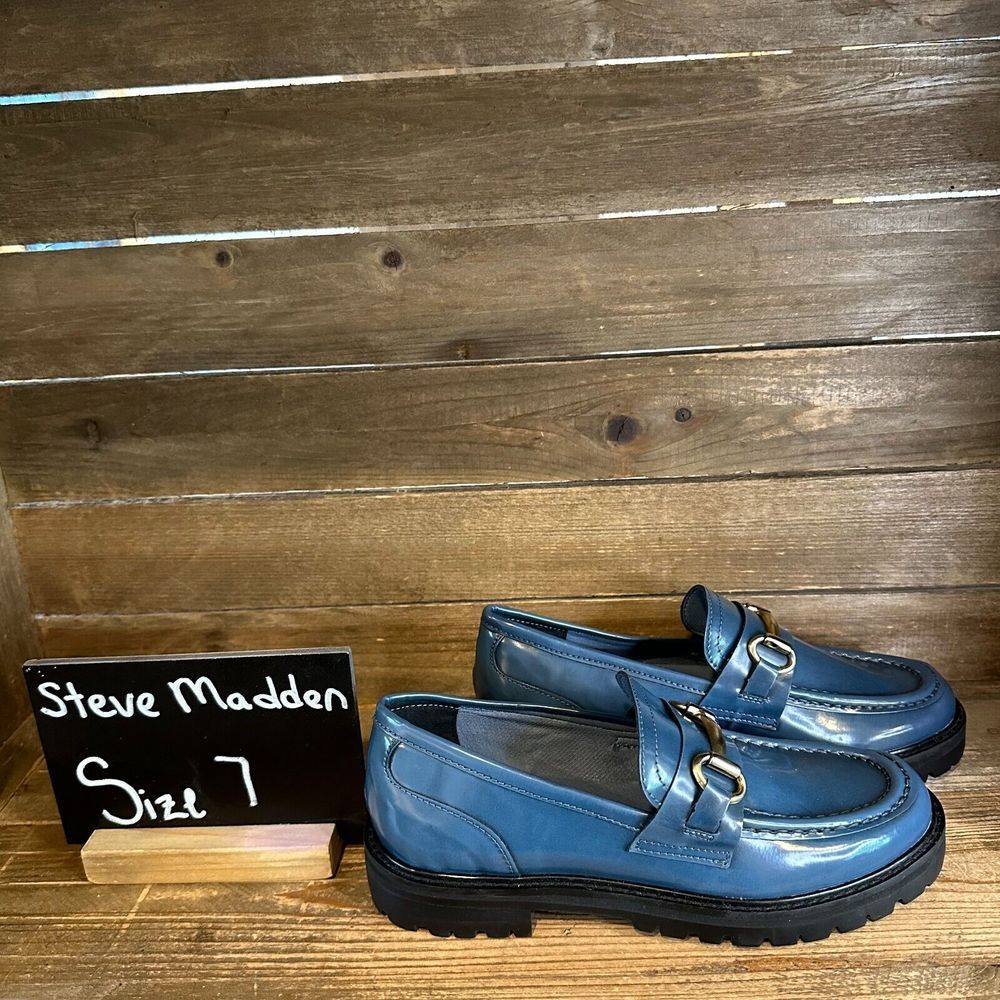 New Womens Steve Madden Mistor Teal Faux Leather Horsebit Penny Loafers Size 7 M